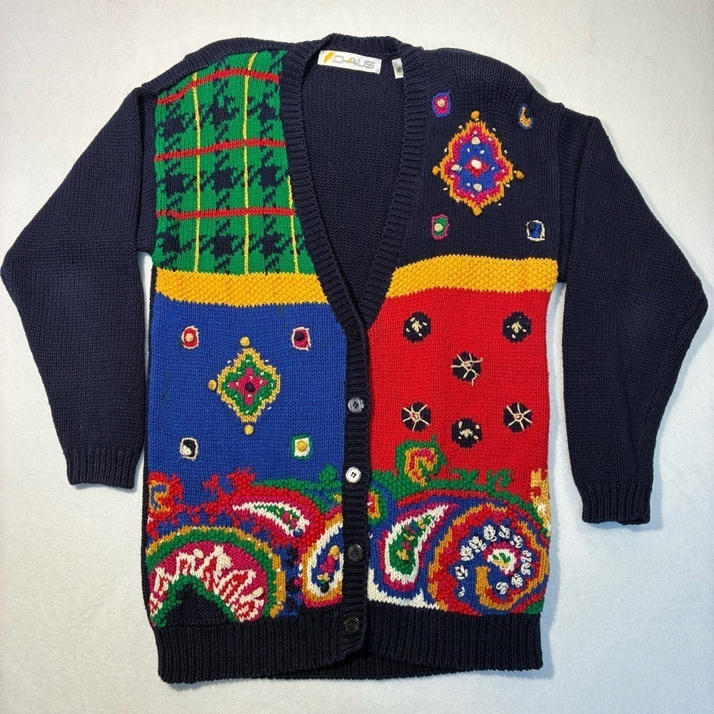 Chaus Vtg 80’s Embroidered Knit Cardigan Sweater Womens Medium Abstract Paisley